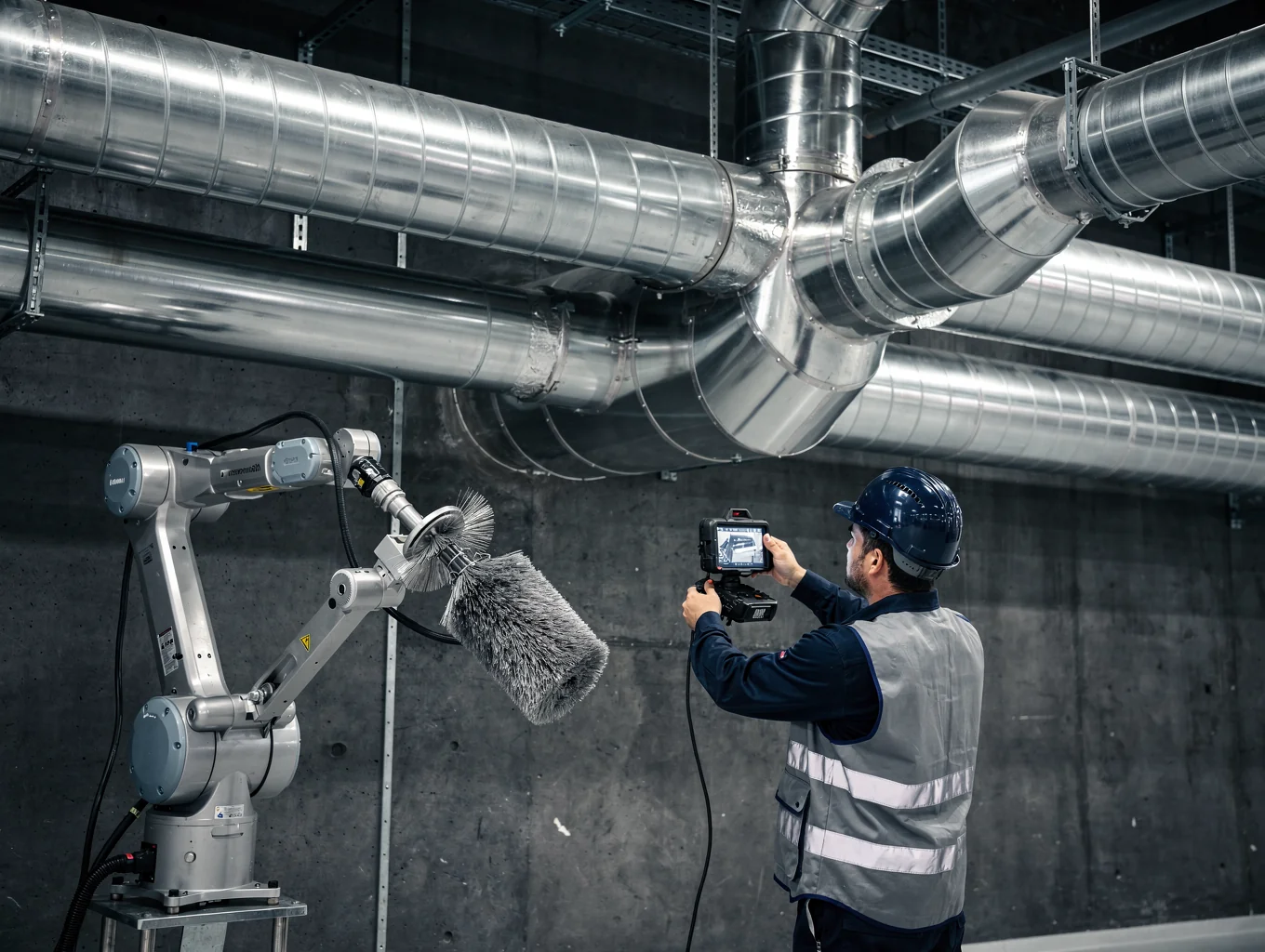 Dettaglio tecnico di condotti HVAC in acciaio inox con illuminazione industriale